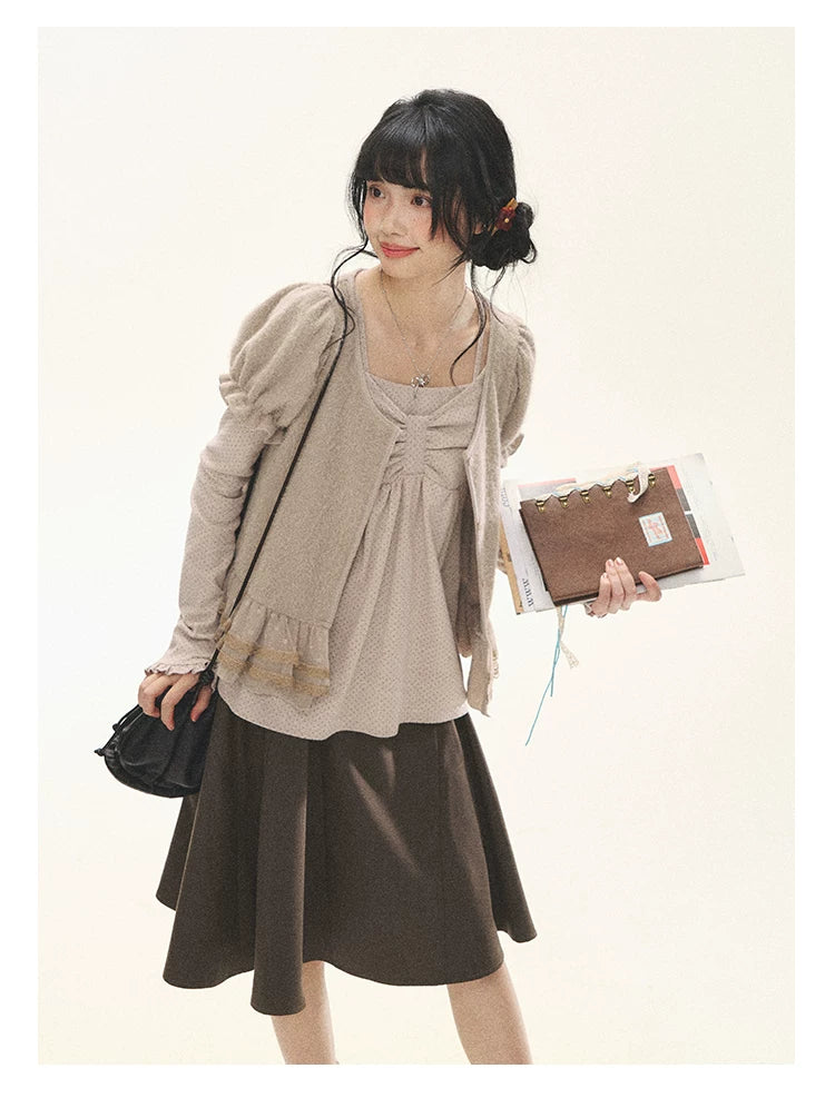 "Soft Fufu" Blush Pink Lace Puff Sleeve Knit Cardigan