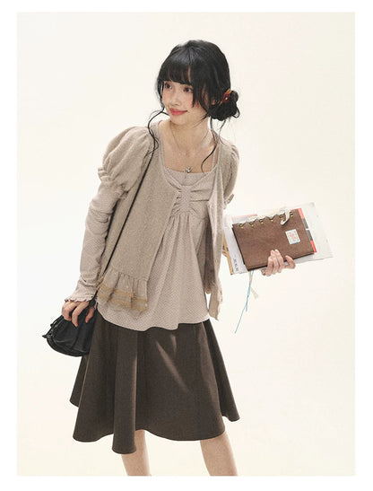 "Sweet Favorite" Polka Dot Faux-Layer Bow Knit Top (Gray Brown/ Blush Pink)