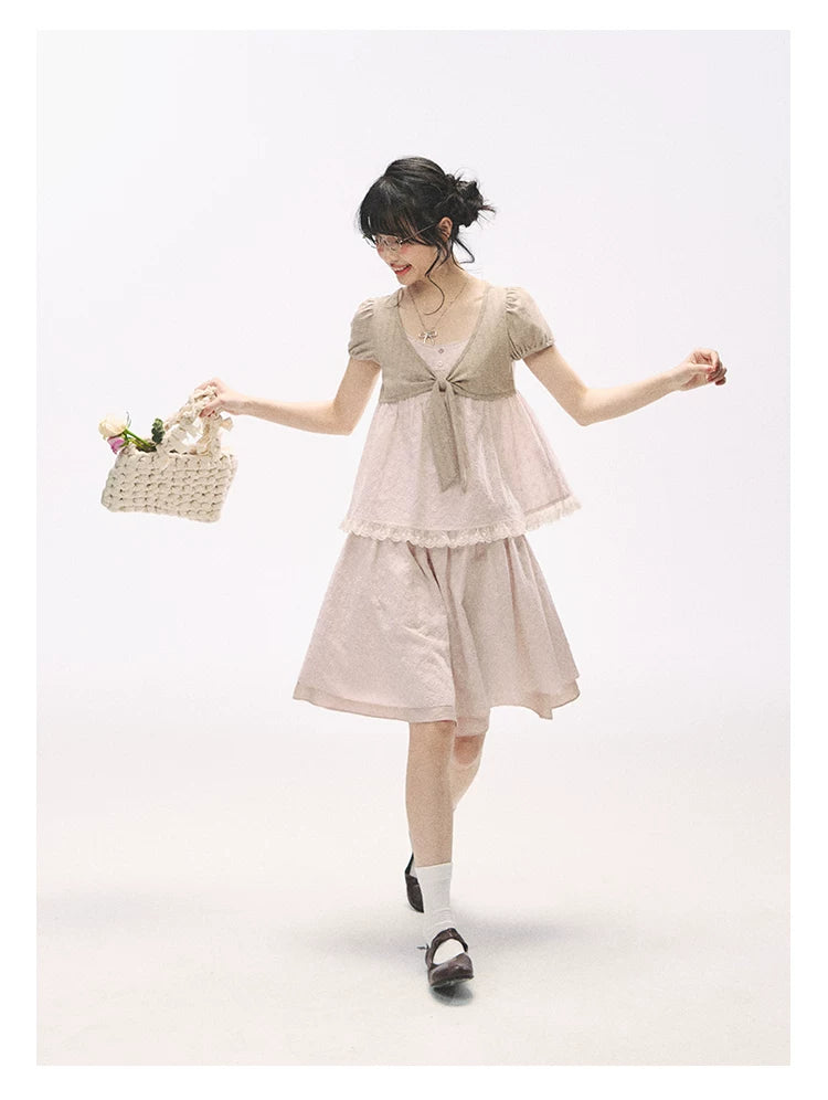 "Sweetheart Pages" Blush Pink Bow Puff Sleeve Top & A-Line Skirt Set