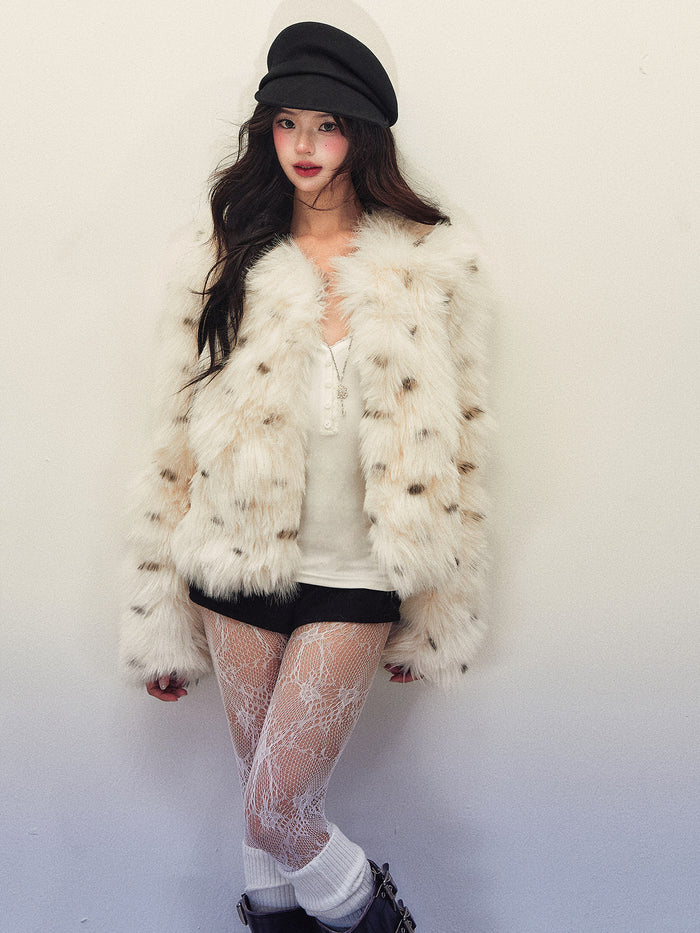 1P - White Polka Dot Faux-Fur Short Jacket