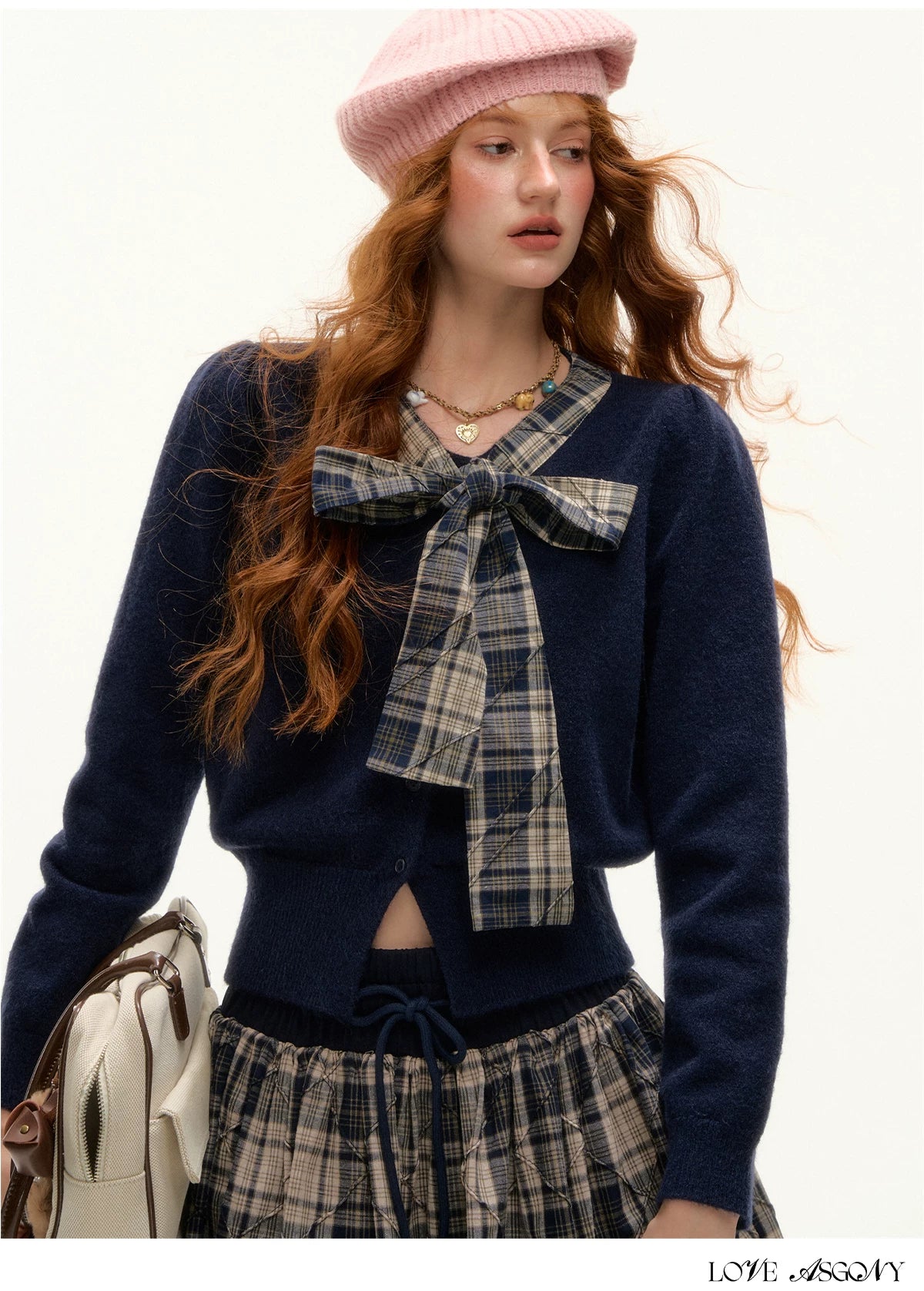 ASGONY - Navy Plaid Bow Detail Cropped Knit Cardigan