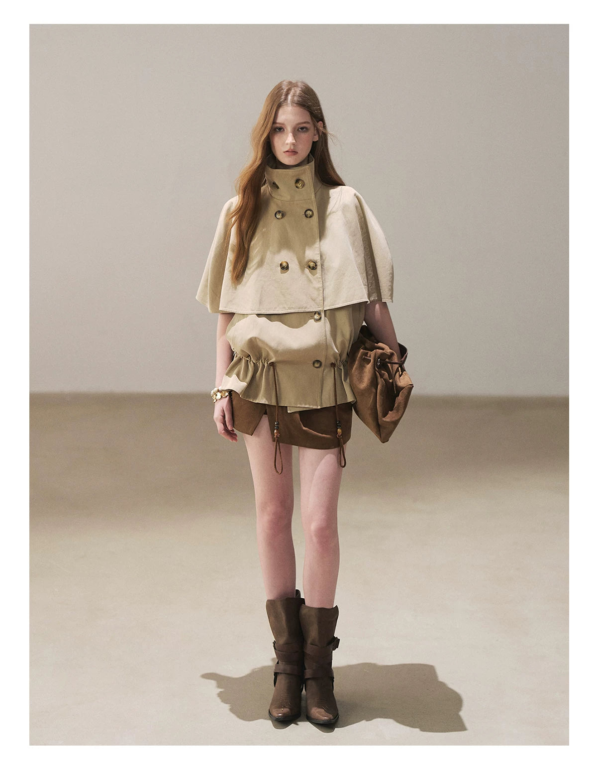 AOMALM - "Through the Oak Grove" Almond Taupe Cape Coat with Drawstring