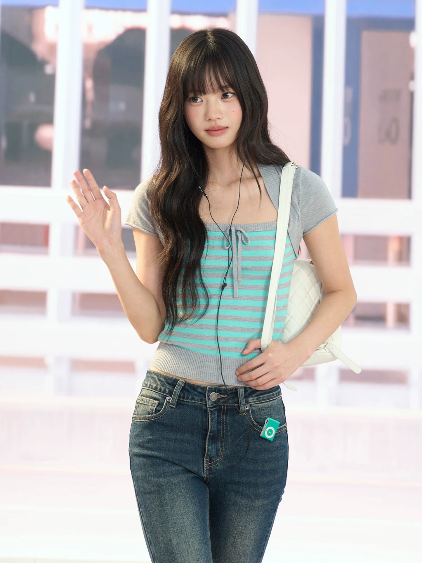 "Mint Transit" Gray Layered Square Neck Knit Top
