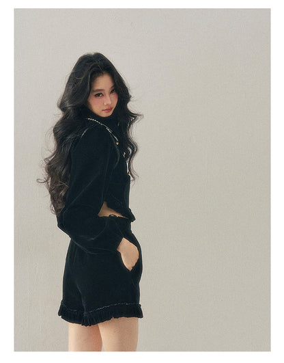 少也眼 “The Seventh Nocturne” Black Velvet French-Style Jacket & Shorts Set