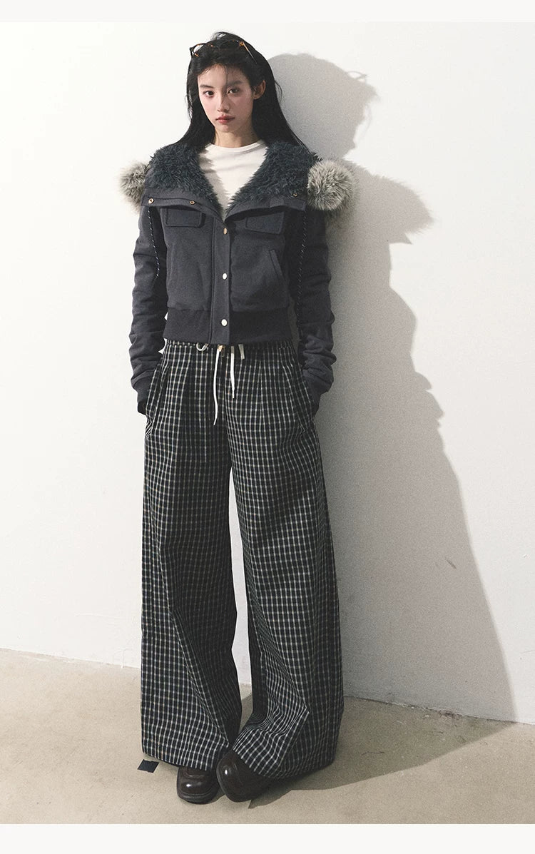OAKMOO/ "Energy & Freedom" Mocha Gray Fur-Collar Cropped Hoodie Jacket