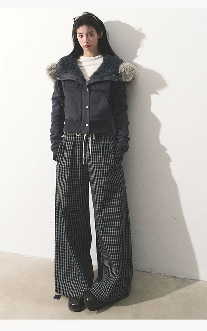 OAKMOO/ "Energy & Freedom" Mocha Gray Fur-Collar Cropped Hoodie Jacket