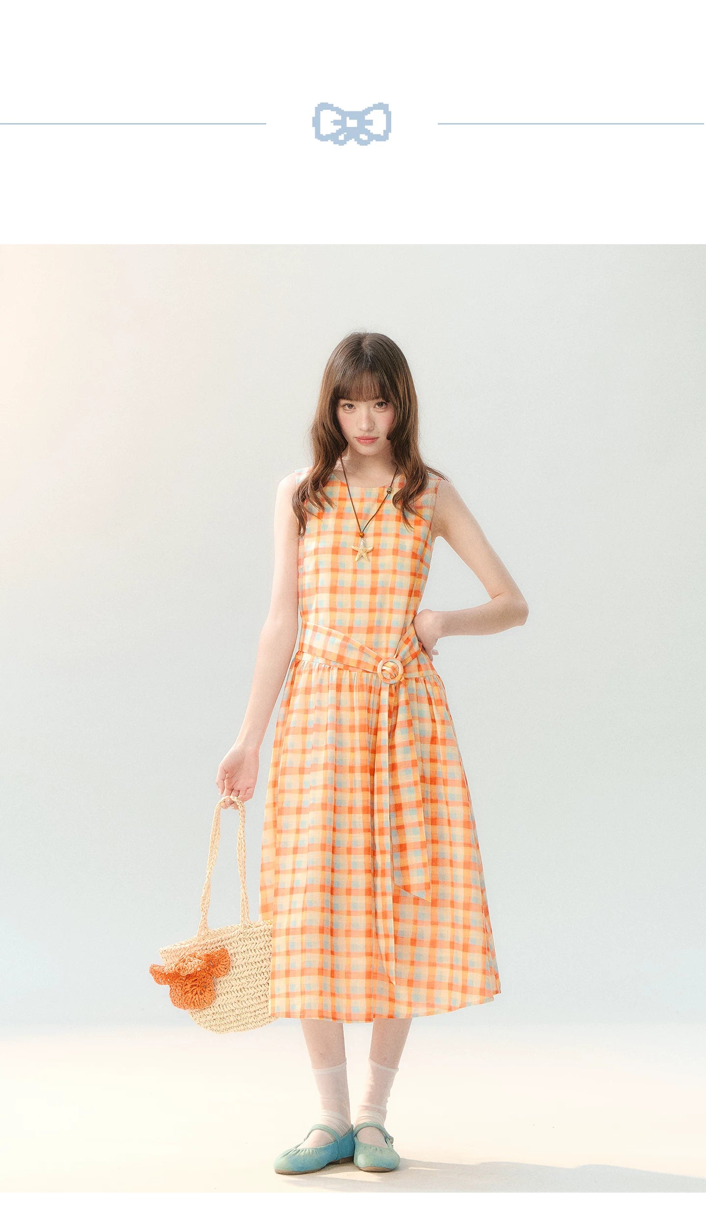 "Orange Sugar Cube" Tangerine Plaid Tie-Waist Sleeveless Dress SH2026201
