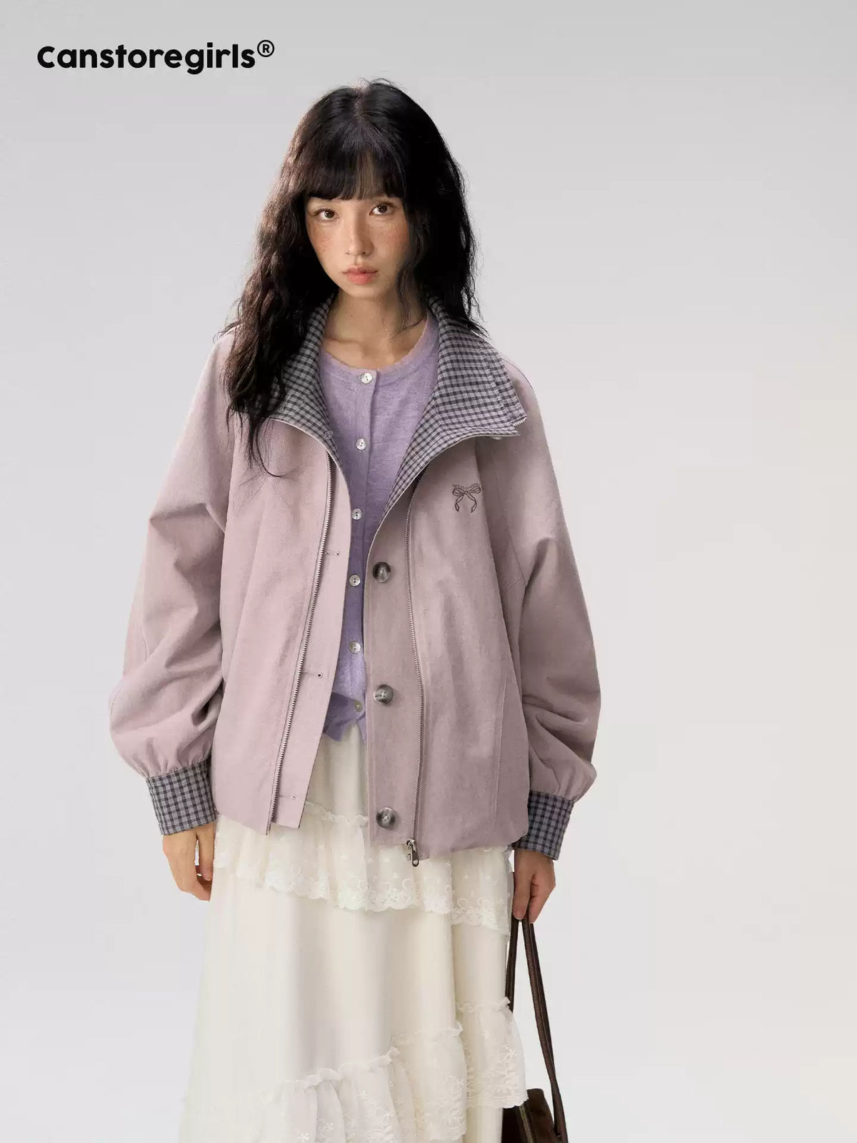 [CAN] "Lavender Plaid Notes" Dusty Purple Plaid Double Collar Cropped Jacket