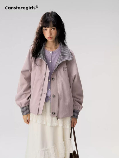 [CAN] "Lavender Plaid Notes" Dusty Purple Plaid Double Collar Cropped Jacket