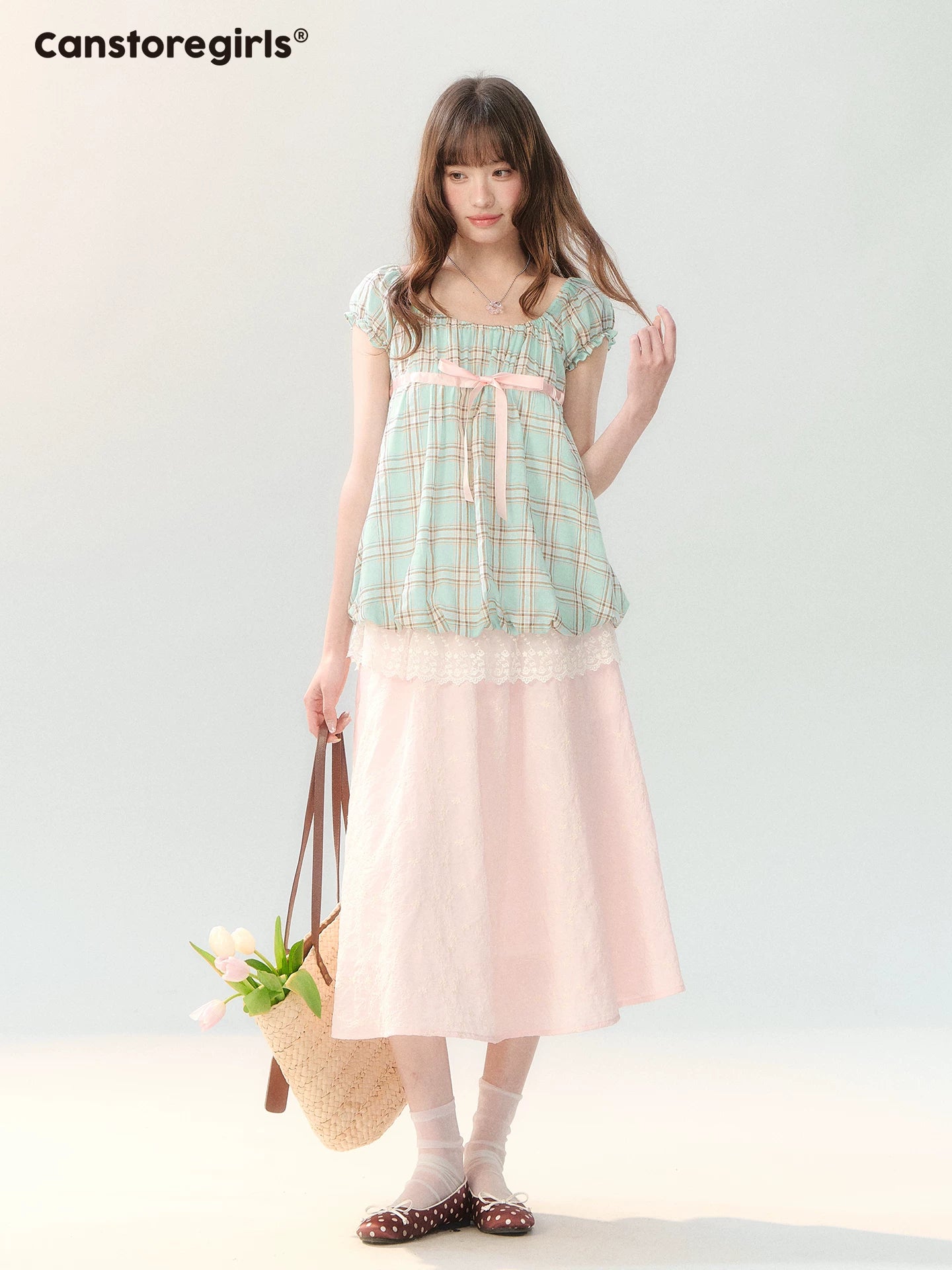 "Mint Peach Whisper" Mint Green Plaid Embroidered Skirt Set LL2026196