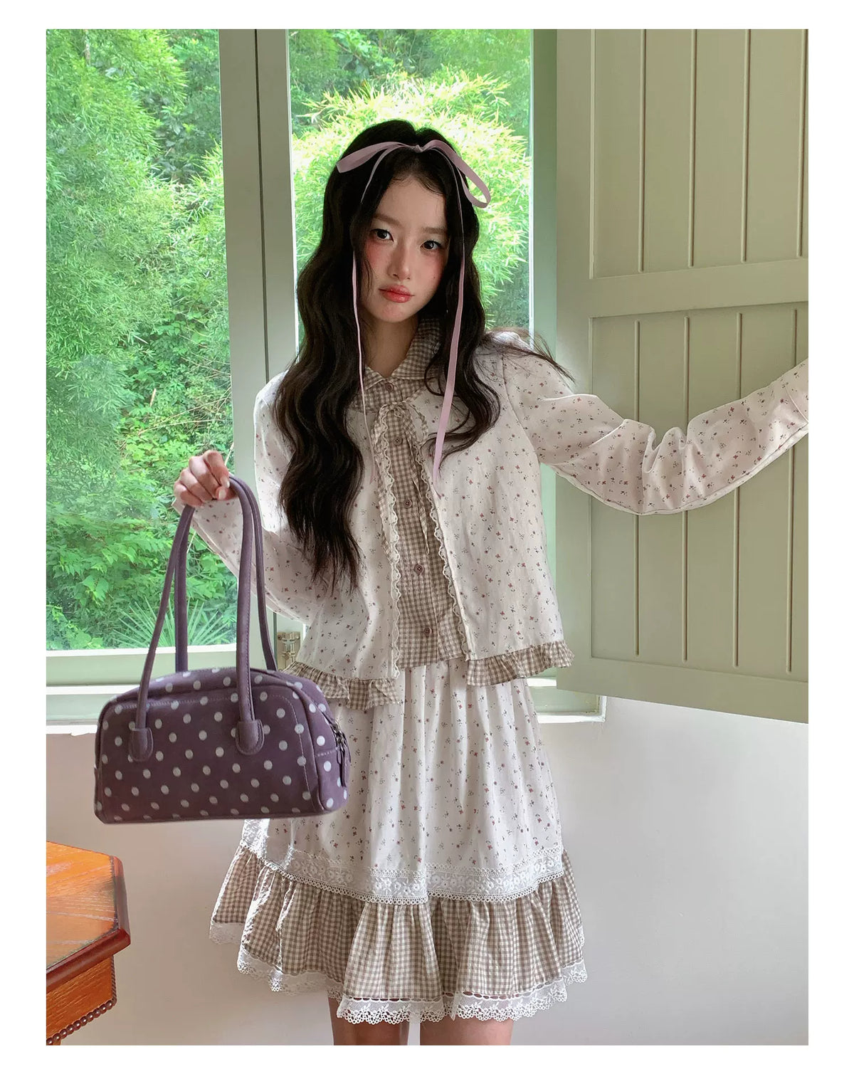 [RF] “Meadow Tea Party” Ivory & Light Brown Plaid Layered Blouse & Skirt Set