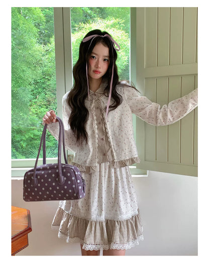 [RF] “Meadow Tea Party” Ivory & Light Brown Plaid Layered Blouse & Skirt Set