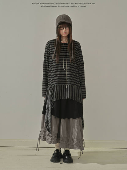 "Vintage Rhythm" Asymmetrical Knit Stripe Long Sleeve T-Shirt (Black / Gray)