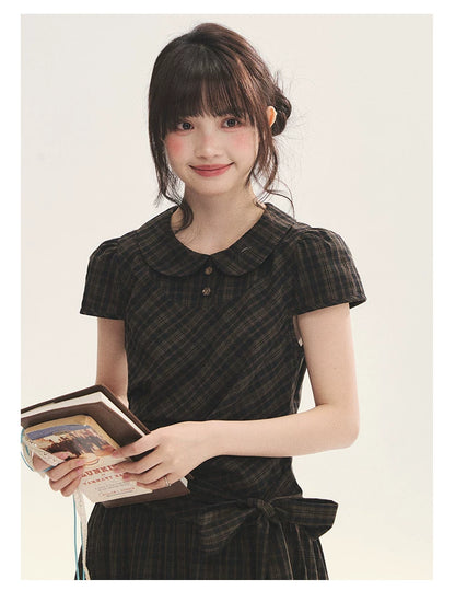 "Vintage Scholar" Black Brown Plaid Bow Tie Peter Pan Collar Maxi Dress