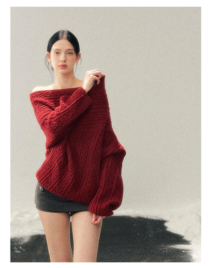 少也眼 “Norwegian Exchange” Off-Shoulder Cable Knit Winter Sweater – Cabernet Red