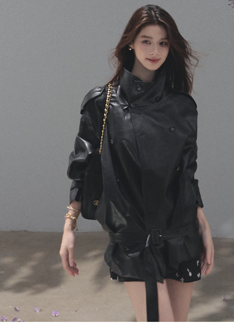 OAKMOO/ Belted Double-Breasted Trench Jacket (Deep Black / Hazel Khaki)