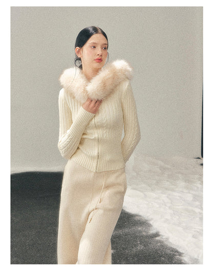 少也眼 “Sunset’s Soft Trace” Milk-Apricot Hooded Cable-Knit Zip-Up Jacket