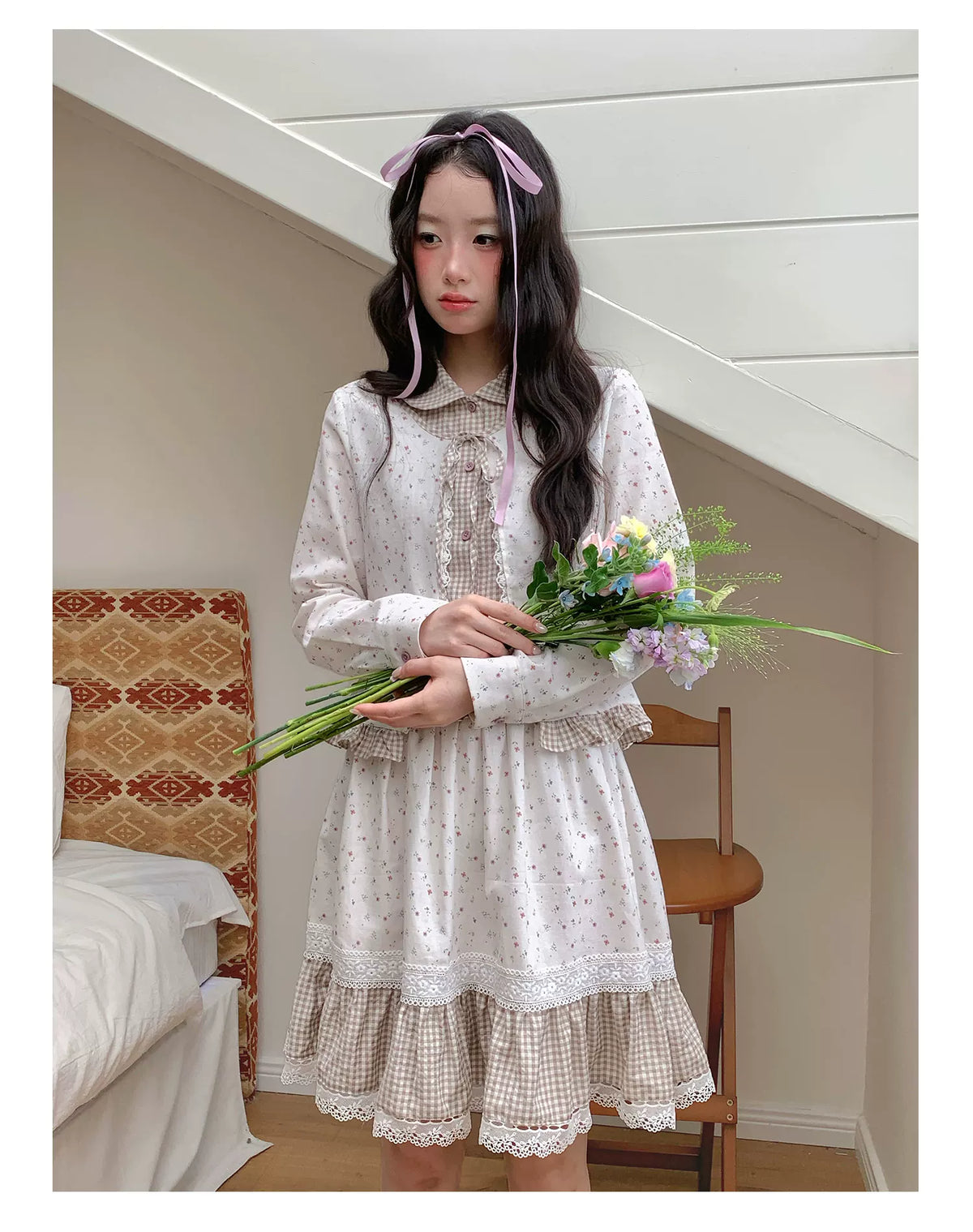 [RF] “Meadow Tea Party” Ivory & Light Brown Plaid Layered Blouse & Skirt Set
