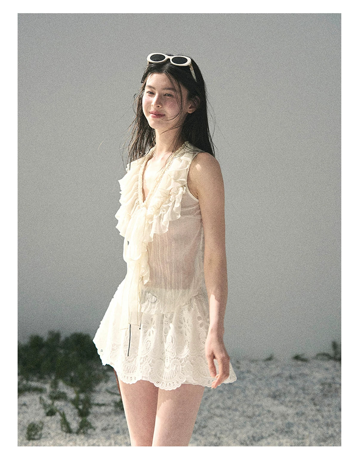 “Moonlight Through Sheer Veils” Ivory Ruffle Chiffon Blouse