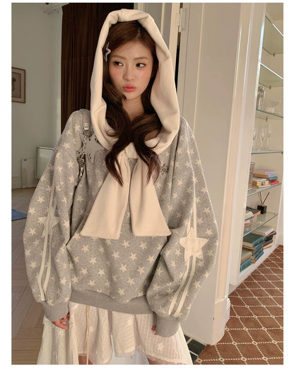 “Starlit Ribbon Reverie” Grey Off-Shoulder Hoodie