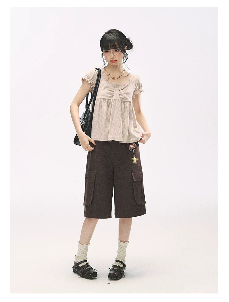 "Sweetheart Crew" Polka Dot Faux Two-Piece Bow Knit Short Sleeve Top