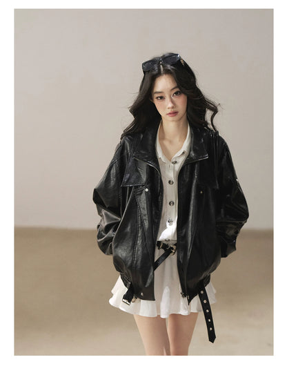 AOMALM - "Solo Journey" Quiet Black Oversized PU Moto Jacket