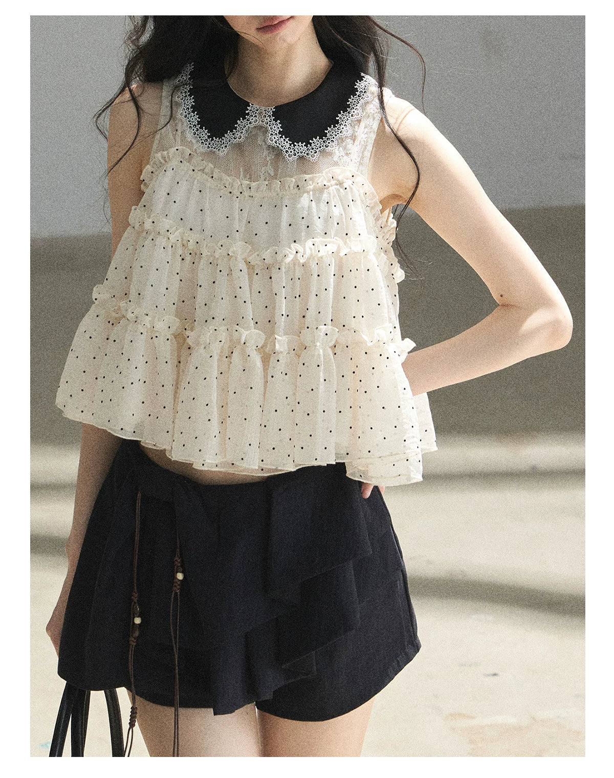 "A Dream Like Foam" French Polka Dot Chiffon Babydoll Blouse