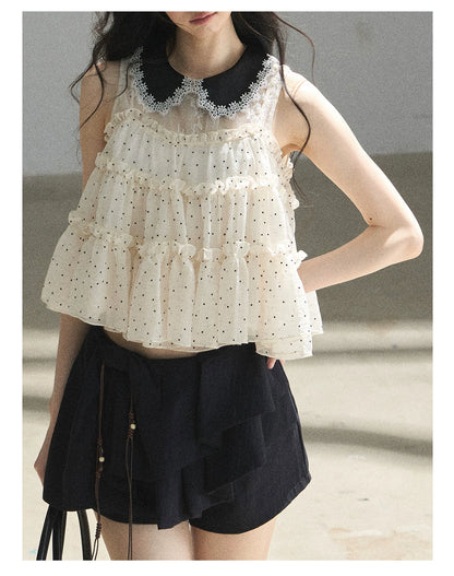 "A Dream Like Foam" French Polka Dot Chiffon Babydoll Blouse
