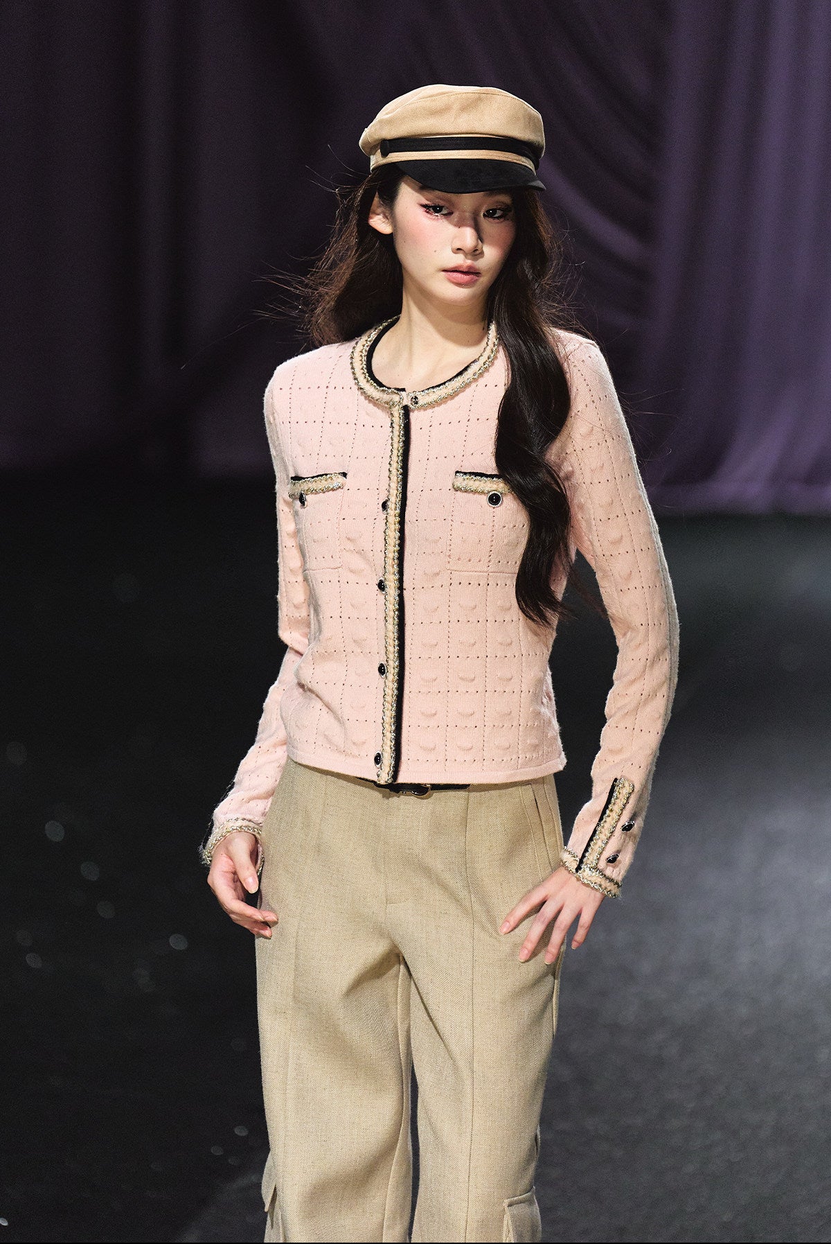 "Rosé Tweed" Pink Openwork Knit Cropped Cardigan