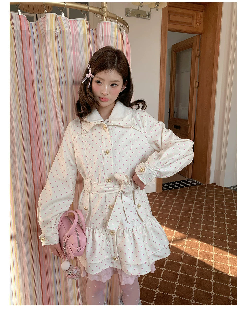 “Sweetheart Whisper” Beige Apricot Heart Print Midi Dress