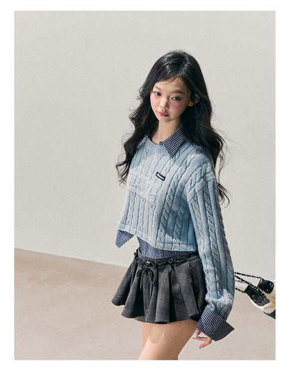 少也眼 “Falling Blue” Faux-Layered Wool Knit Sweater 658454