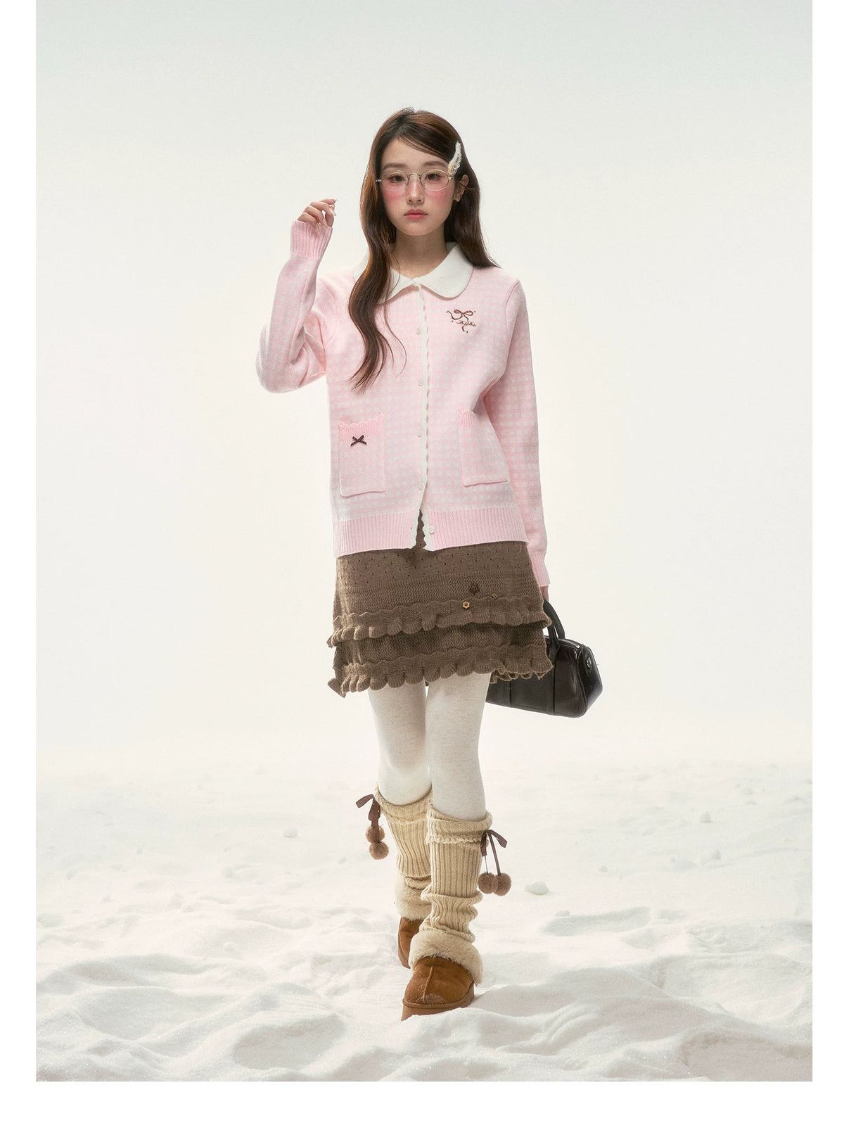 BIBIBENCY - Pink Plaid Bow Knit Sweater