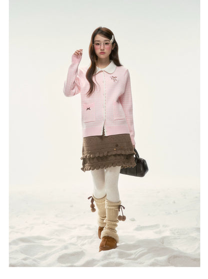 BIBIBENCY - Pink Plaid Bow Knit Sweater