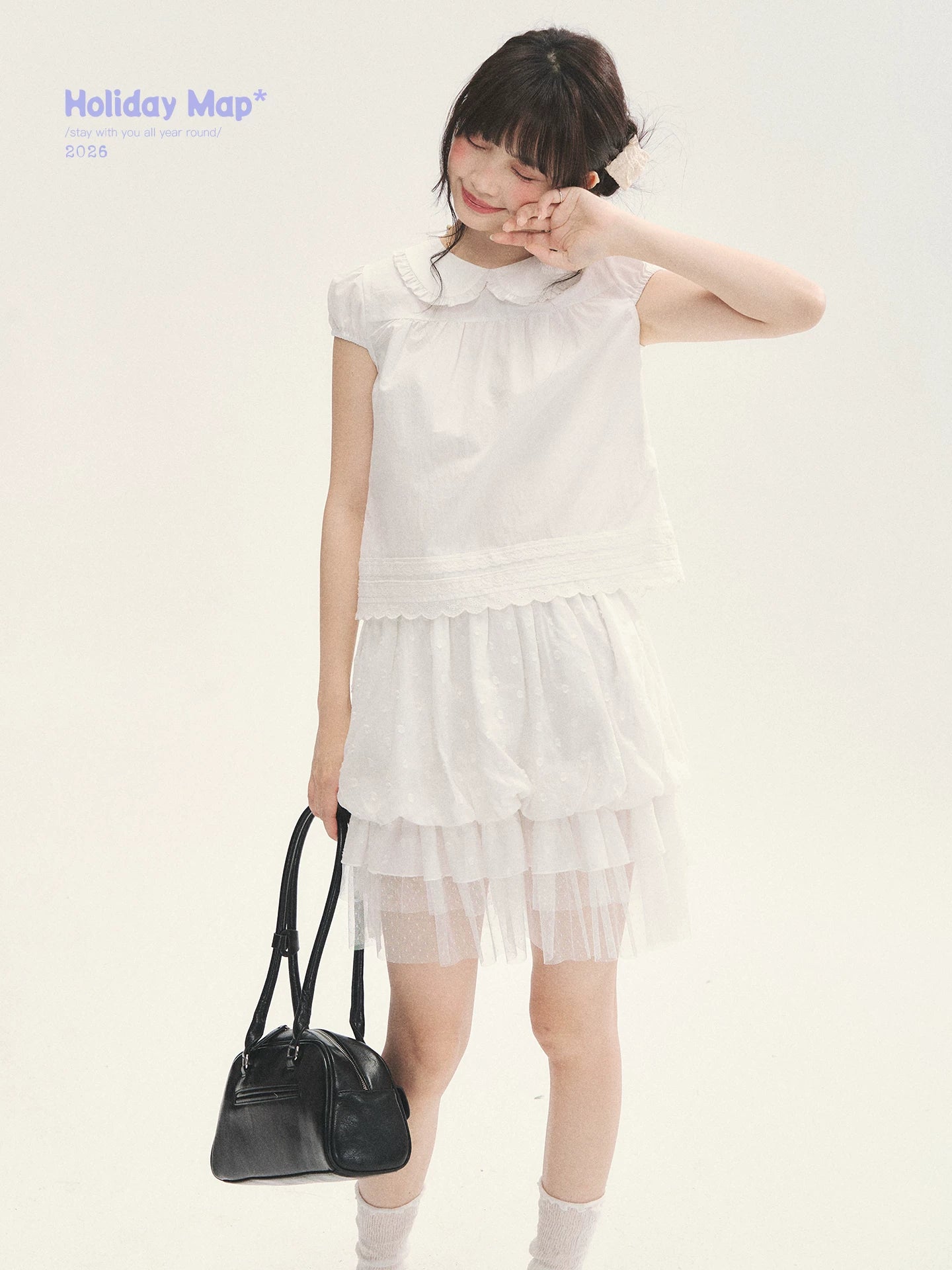 "Cotton Cloud" White Ruffle Collar Puff Sleeve Babydoll Top