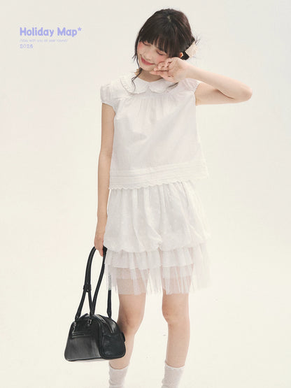 "Cotton Cloud" White Ruffle Collar Puff Sleeve Babydoll Top