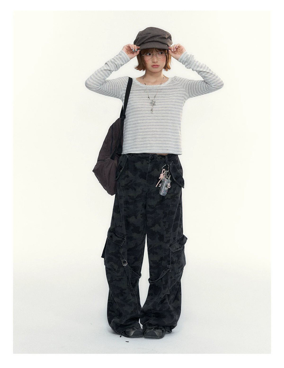 “Early Gray” Light Gray Striped Lace-Trimmed Fitted Long-Sleeve Top