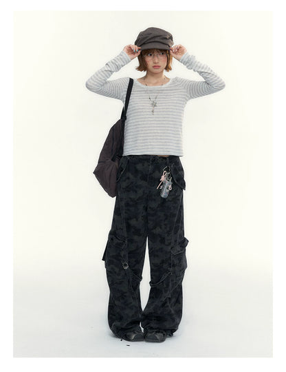 “Early Gray” Light Gray Striped Lace-Trimmed Fitted Long-Sleeve Top