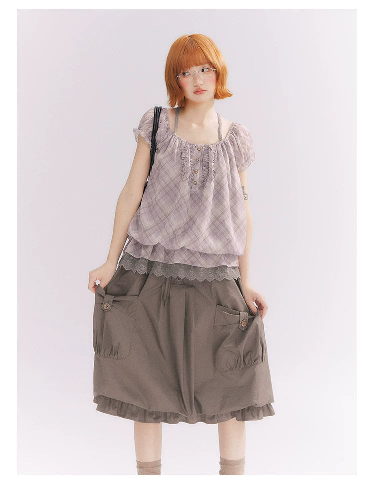 “Misty Plum Plaid” Gray-Purple Plaid Lace Trim Halter Top