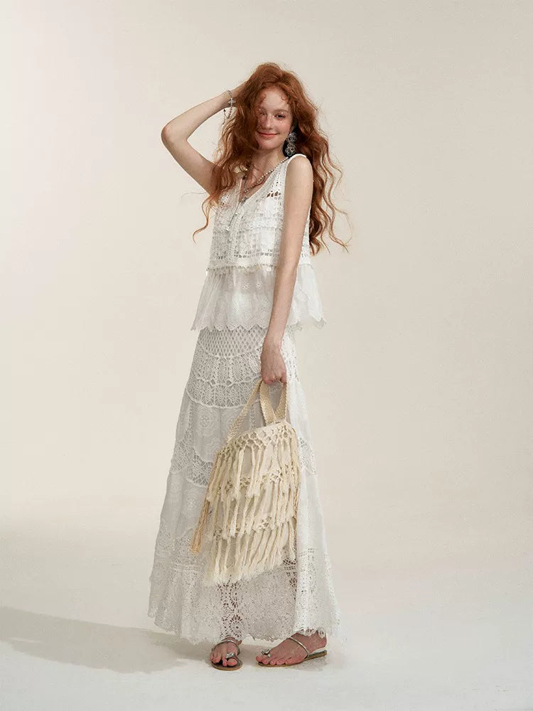 White Floral Embroidery Crochet-Detail Blouse