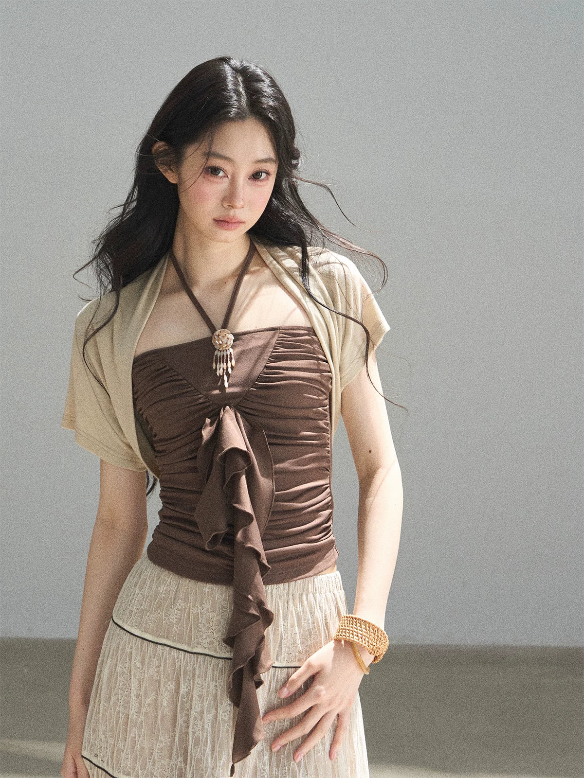 "In the Evening Breeze" Chestnut Brown Halter Ruched Top & Milk Tea Shrug Set