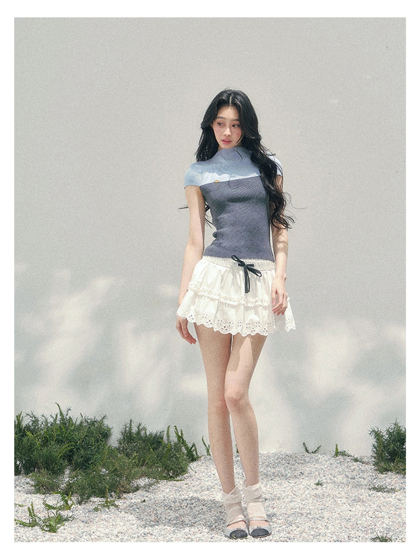 少也眼 “Embers of the Mind” Deep Rock Gray Faux Two-Piece Knit Top 137