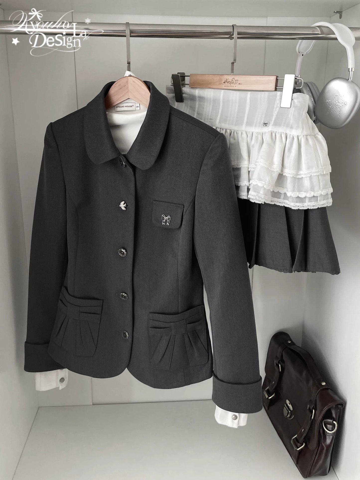 "Grey Finch" Gray Korean Preppy Suit Collection (Blazer / T-Shirt / Box Pleated Skirt)