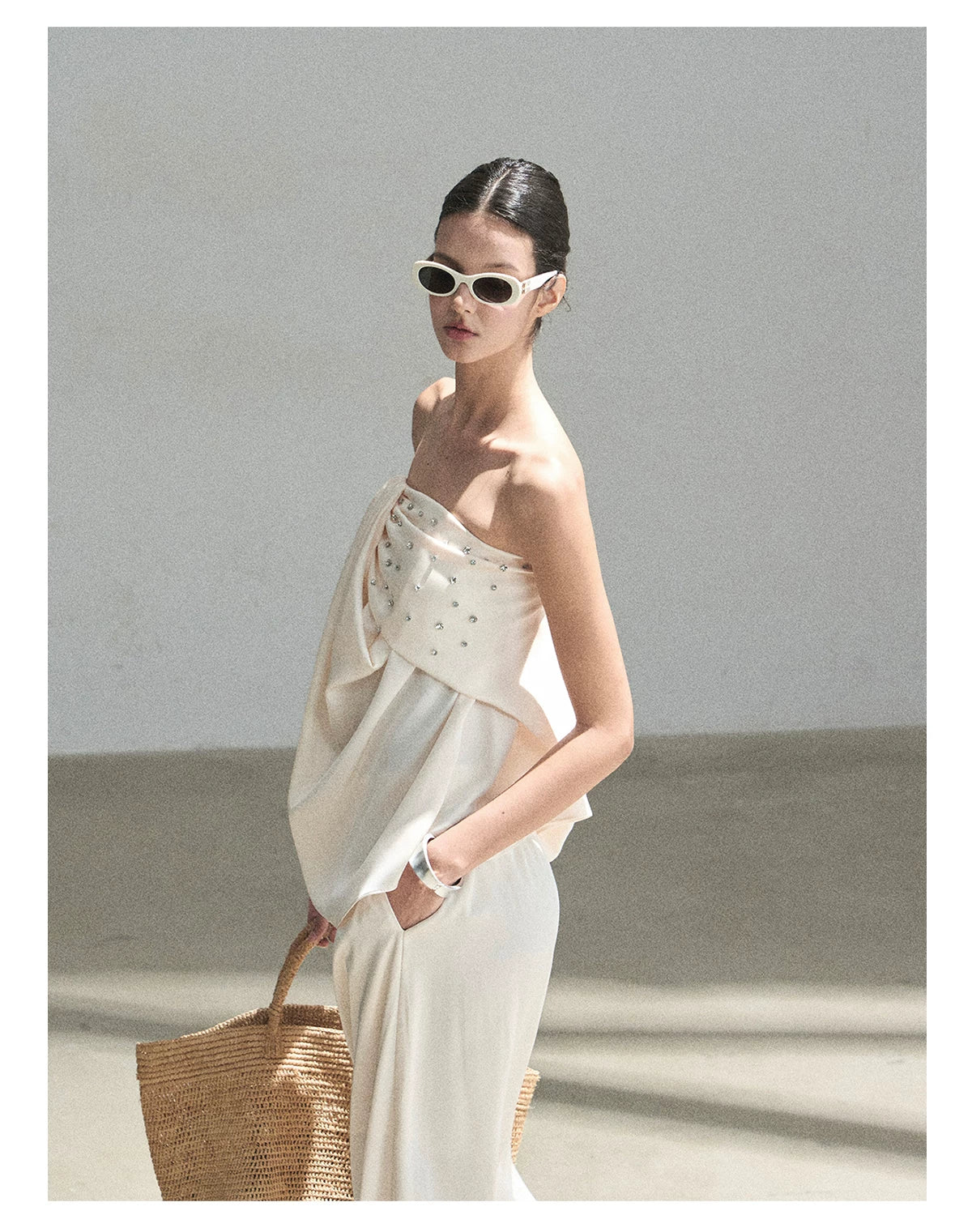 "Summer Rain at Dusk" Cream Beige Satin Two-Piece Set