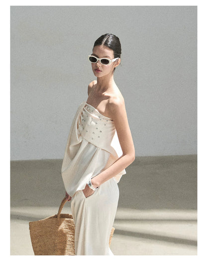 "Summer Rain at Dusk" Cream Beige Satin Two-Piece Set