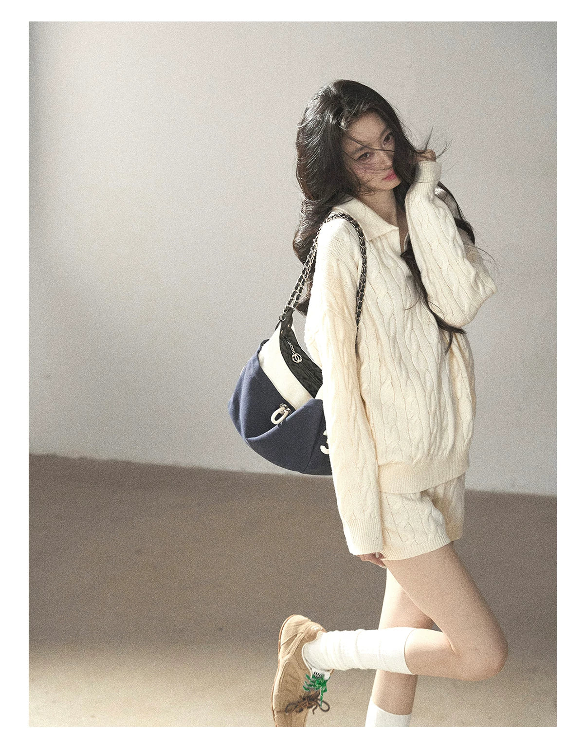 AOMALM - Dutch Cream Cable Knit Sweater & Shorts Set with Shawl