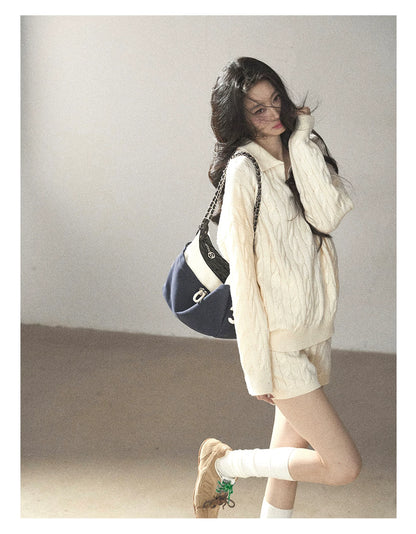 AOMALM - Dutch Cream Cable Knit Sweater & Shorts Set with Shawl