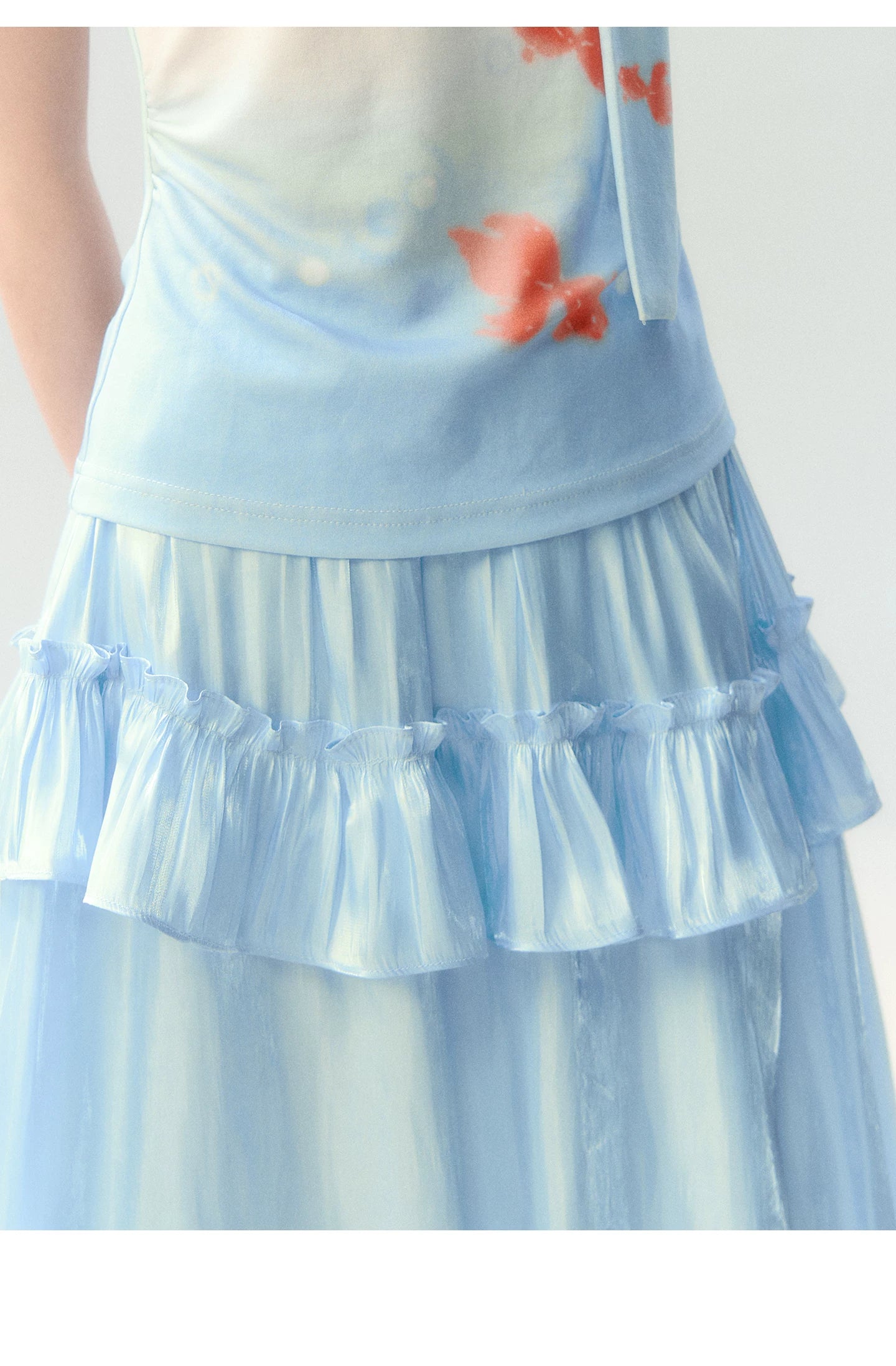 "Koi Garden Letter" White & Blue Goldfish Print Two-Piece Skirt Set LL2026220