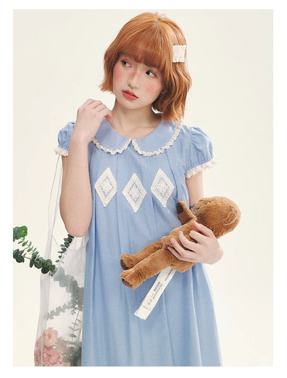 "Sweet Tea Doll" Haze Blue Lace Puff Sleeve Peter Pan Collar A-Line Dress