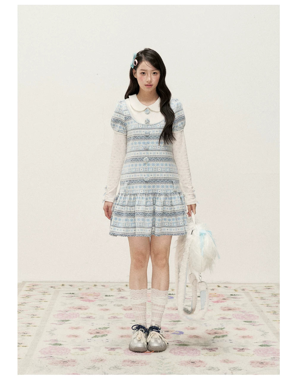 [RF] Vintage Geometric Jacquard Peter Pan Collar Knit Dress with Ruffle Hem