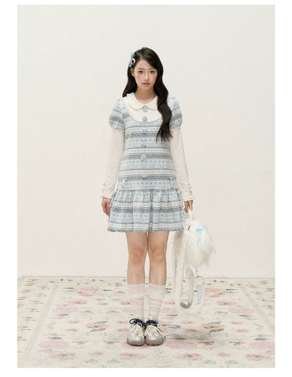 [RF] Vintage Geometric Jacquard Peter Pan Collar Knit Dress with Ruffle Hem
